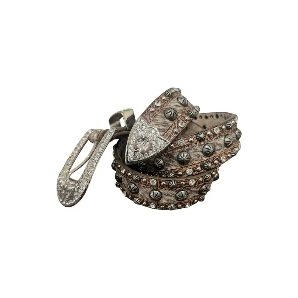 Angel Ranch Blue Roan Hair On Hide Studded Western Belt Rhinestone Buckle